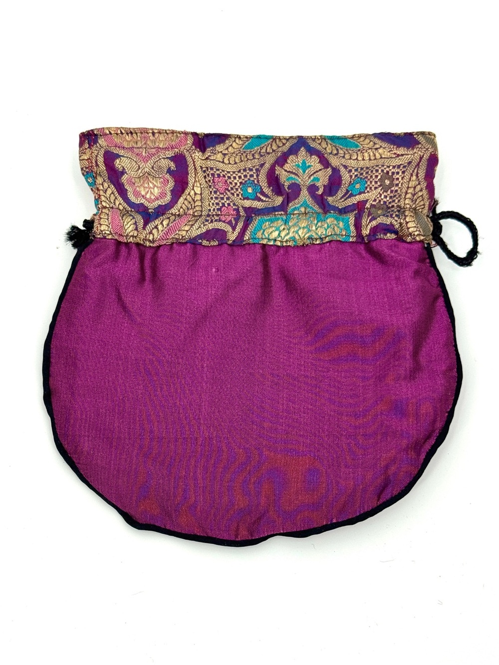 Purple Silk Drawstring Mini Pouch with Decorative Trim